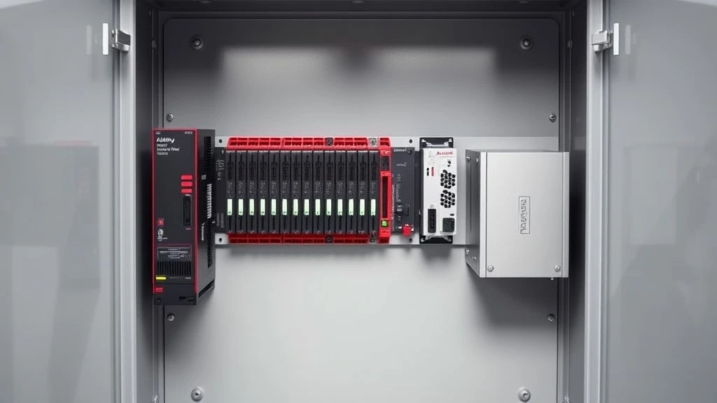 A fully populated Allen-Bradley ControlLogix 1756 chassis with processor IO communication module and power supply mounted in a control cabinet A fully populated Allen-Bradley ControlLogix 1756 chassis with processor IO communication module and power supply mounted in a control cabinet